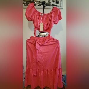 Puff Sleeve Crop Tiered around or front/back  Maxi Skirt Set looks like Pink S